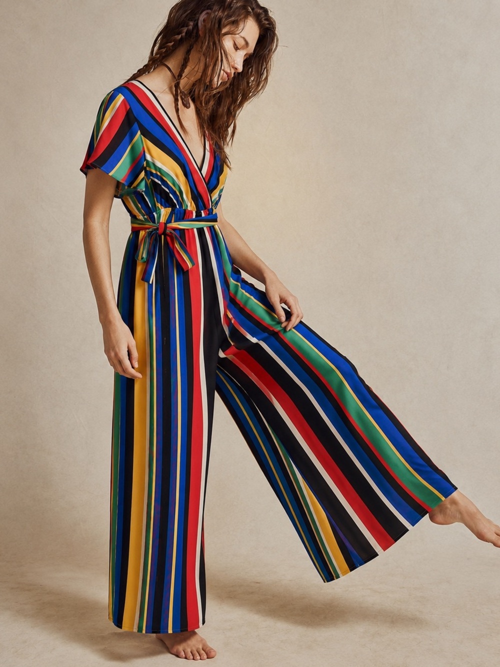 Flying Tomato Boho Multicolor Stripe Wide Leg Jumpsuit Flutter Sleeve Tie Waist
